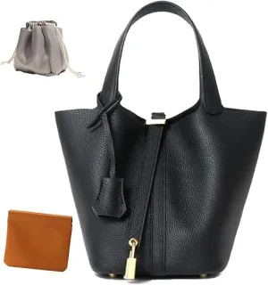 Genuine Leather Bucket Bag Vegetable Basket for Women, Stylish Lock Design Shoulder Handbag, Fashion Tote Bag