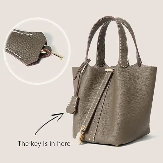 Genuine Leather Bucket Bag Vegetable Basket for Women, Stylish Lock Design Shoulder Handbag, Fashion Tote Bag