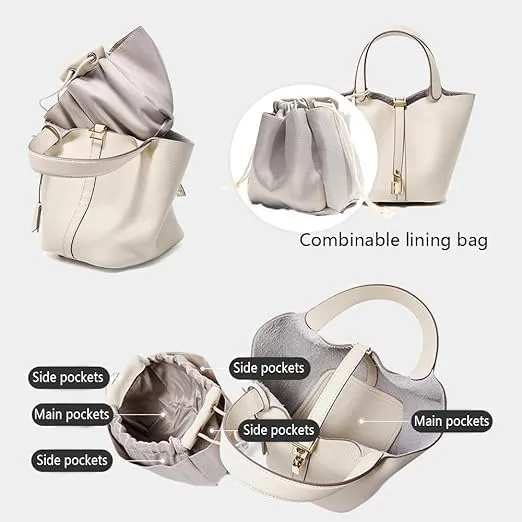 Genuine Leather Bucket Bag Vegetable Basket for Women, Stylish Lock Design Shoulder Handbag, Fashion Tote Bag