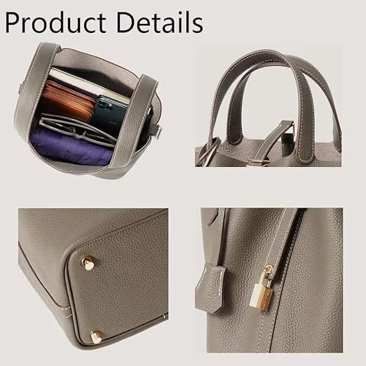 Genuine Leather Bucket Bag Vegetable Basket for Women, Stylish Lock Design Shoulder Handbag, Fashion Tote Bag