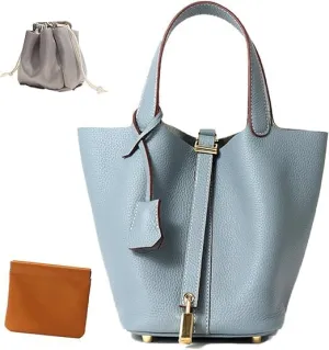 Genuine Leather Bucket Bag Vegetable Basket for Women, Stylish Lock Design Shoulder Handbag, Fashion Tote Bag