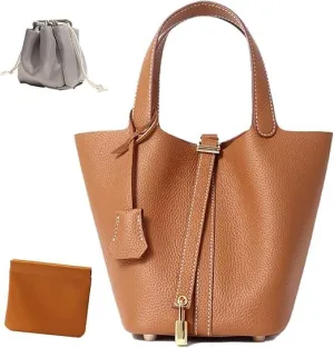Genuine Leather Bucket Bag Vegetable Basket for Women, Stylish Lock Design Shoulder Handbag, Fashion Tote Bag
