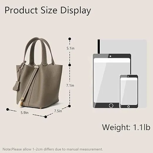 Genuine Leather Bucket Bag Vegetable Basket for Women, Stylish Lock Design Shoulder Handbag, Fashion Tote Bag