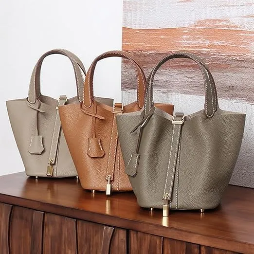 Genuine Leather Bucket Bag Vegetable Basket for Women, Stylish Lock Design Shoulder Handbag, Fashion Tote Bag