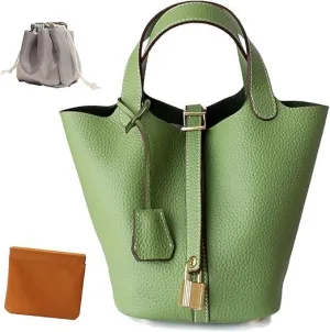 Genuine Leather Bucket Bag Vegetable Basket for Women, Stylish Lock Design Shoulder Handbag, Fashion Tote Bag