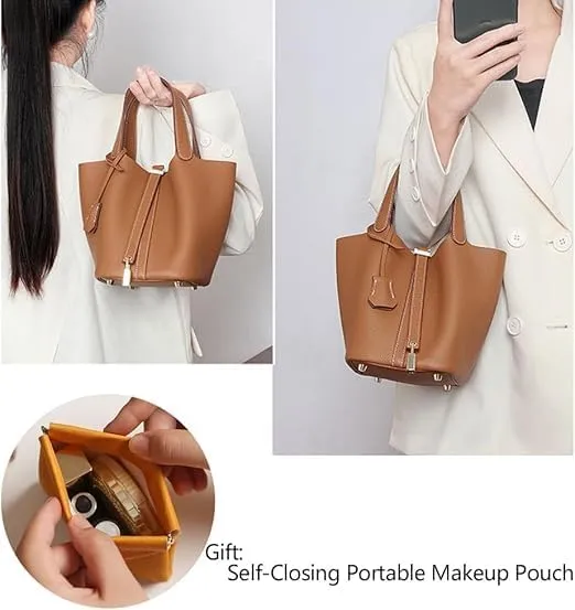 Genuine Leather Bucket Bag Vegetable Basket for Women, Stylish Lock Design Shoulder Handbag, Fashion Tote Bag