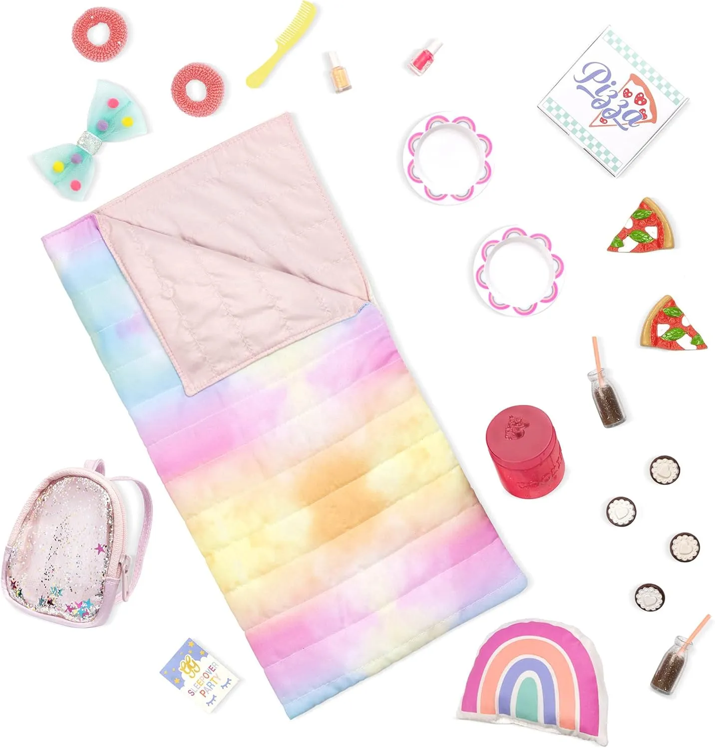 Glitter Girls – Sleepover Party & Backpack Set – Tie-Dye Sleeping Bag, Rainbow Pillow & Pizza Play Food – 14-inch Doll Accessories for Kids Ages 3 and Up – Children’s Toys