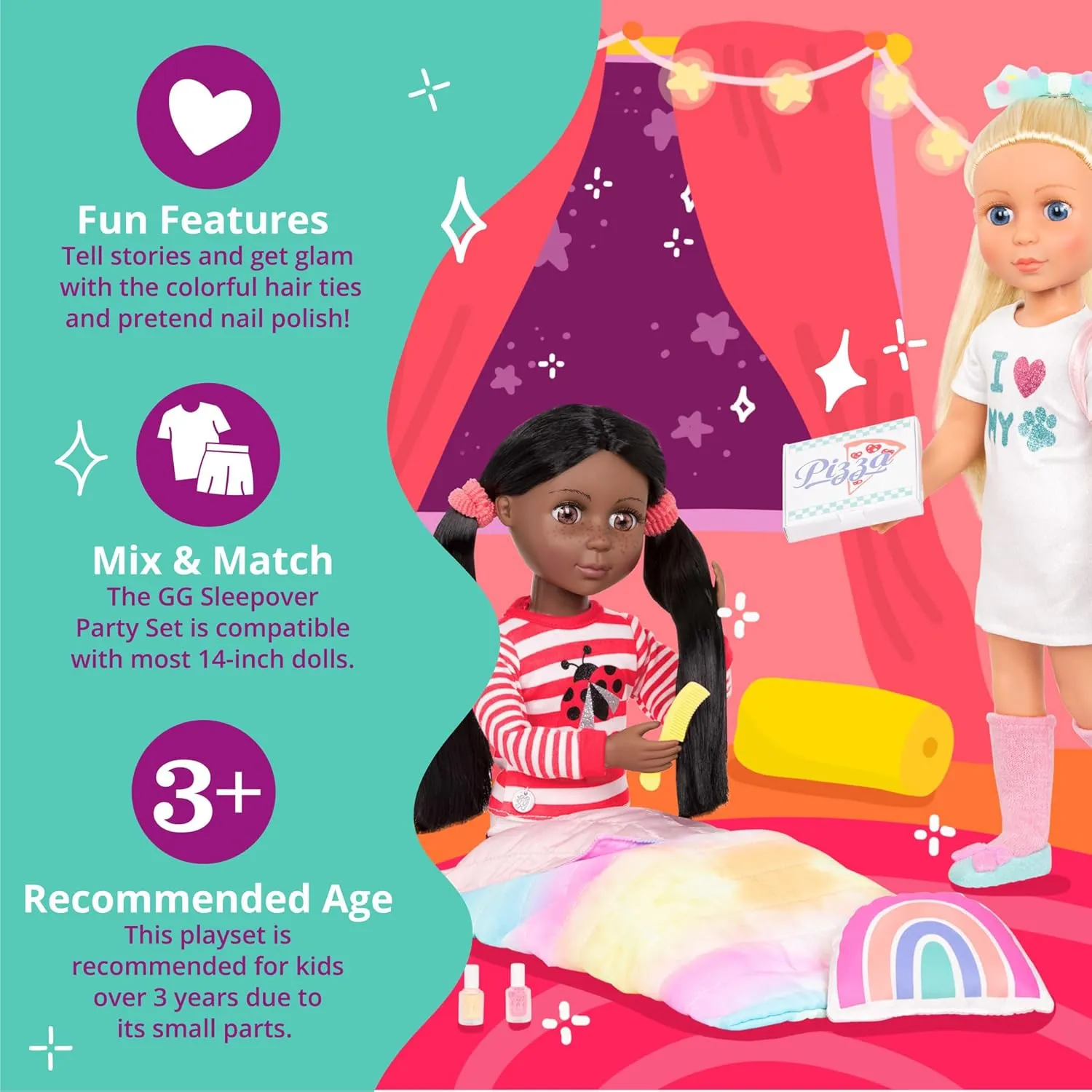 Glitter Girls – Sleepover Party & Backpack Set – Tie-Dye Sleeping Bag, Rainbow Pillow & Pizza Play Food – 14-inch Doll Accessories for Kids Ages 3 and Up – Children’s Toys