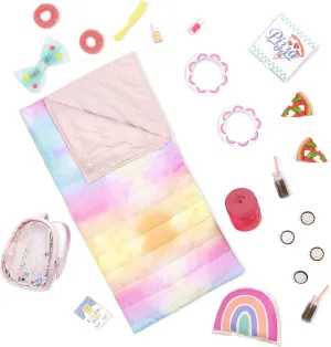 Glitter Girls – Sleepover Party & Backpack Set – Tie-Dye Sleeping Bag, Rainbow Pillow & Pizza Play Food – 14-inch Doll Accessories for Kids Ages 3 and Up – Children’s Toys