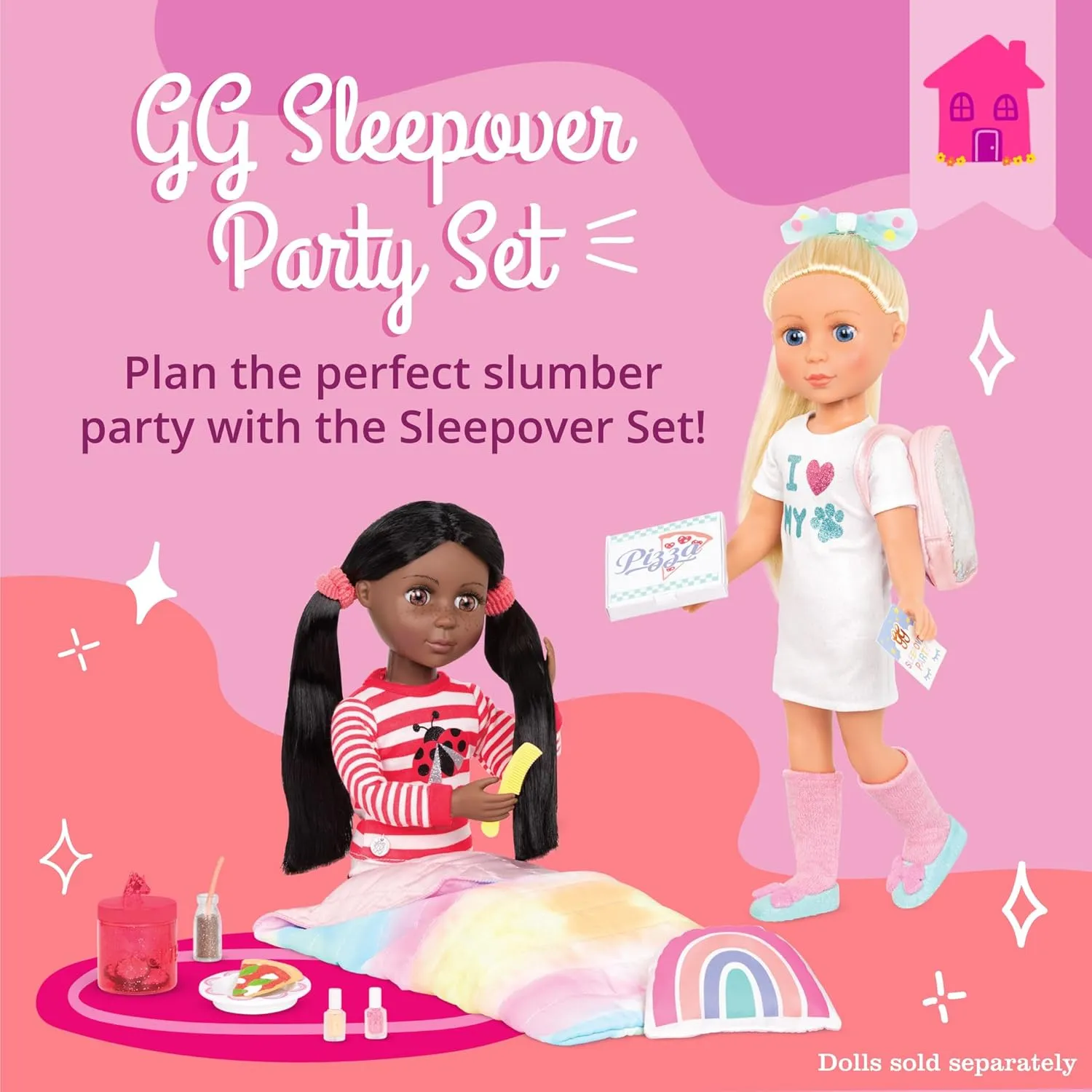 Glitter Girls – Sleepover Party & Backpack Set – Tie-Dye Sleeping Bag, Rainbow Pillow & Pizza Play Food – 14-inch Doll Accessories for Kids Ages 3 and Up – Children’s Toys