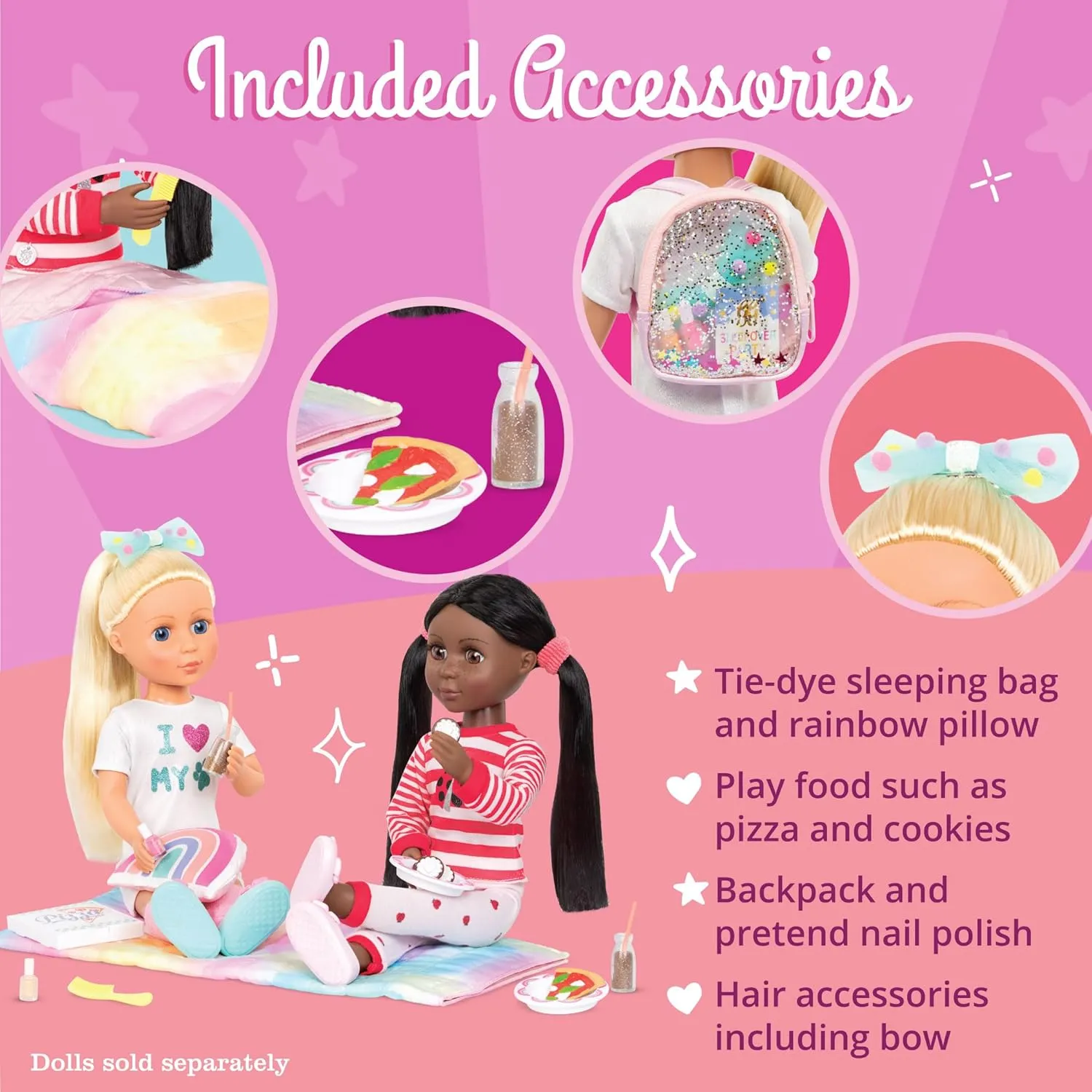 Glitter Girls – Sleepover Party & Backpack Set – Tie-Dye Sleeping Bag, Rainbow Pillow & Pizza Play Food – 14-inch Doll Accessories for Kids Ages 3 and Up – Children’s Toys