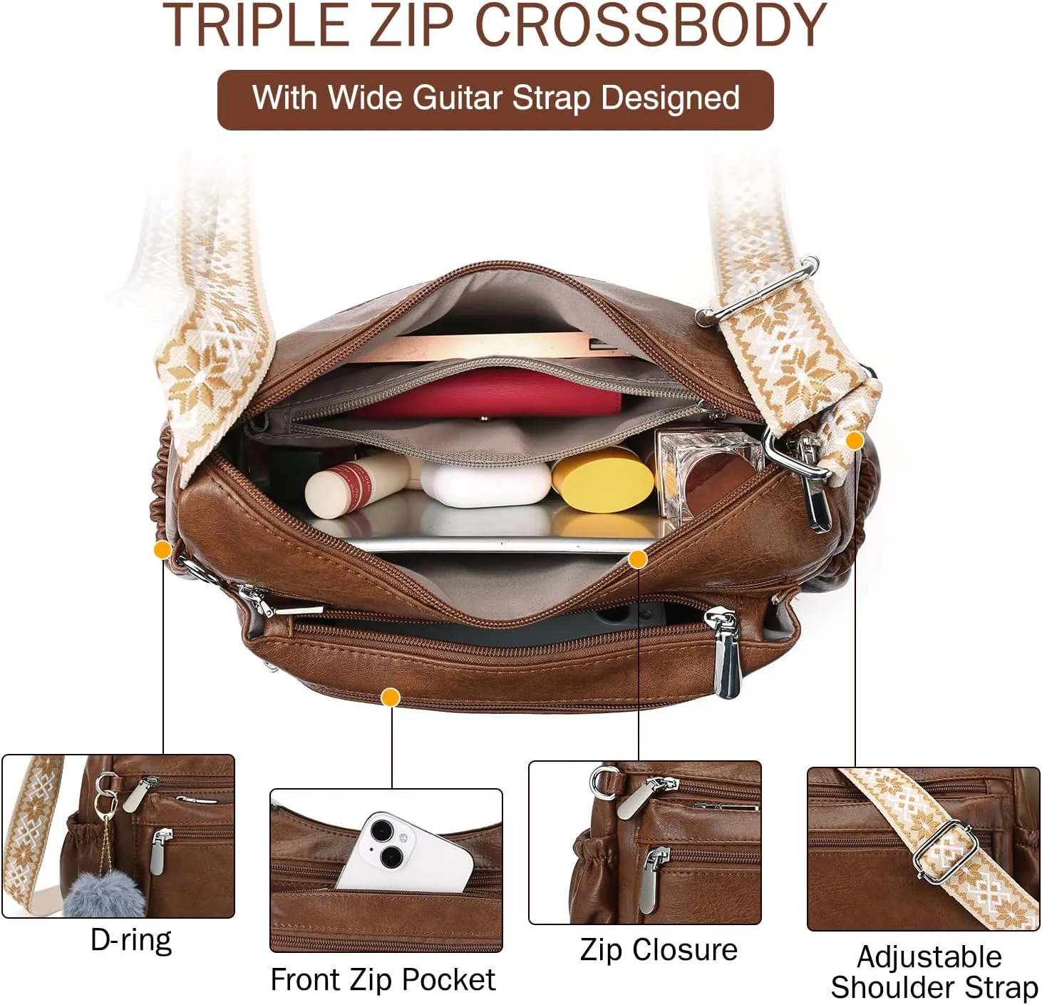 GOIACII Crossbody Bags for Women Soft Vegan Leather Shoulder Handbags with Wide Strap Multi Pocket Ladies Purses