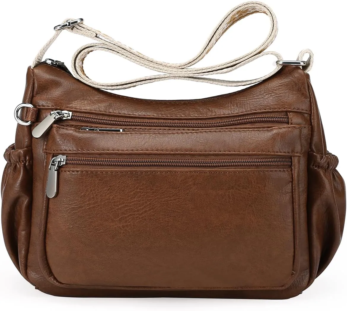 GOIACII Crossbody Bags for Women Soft Vegan Leather Shoulder Handbags with Wide Strap Multi Pocket Ladies Purses