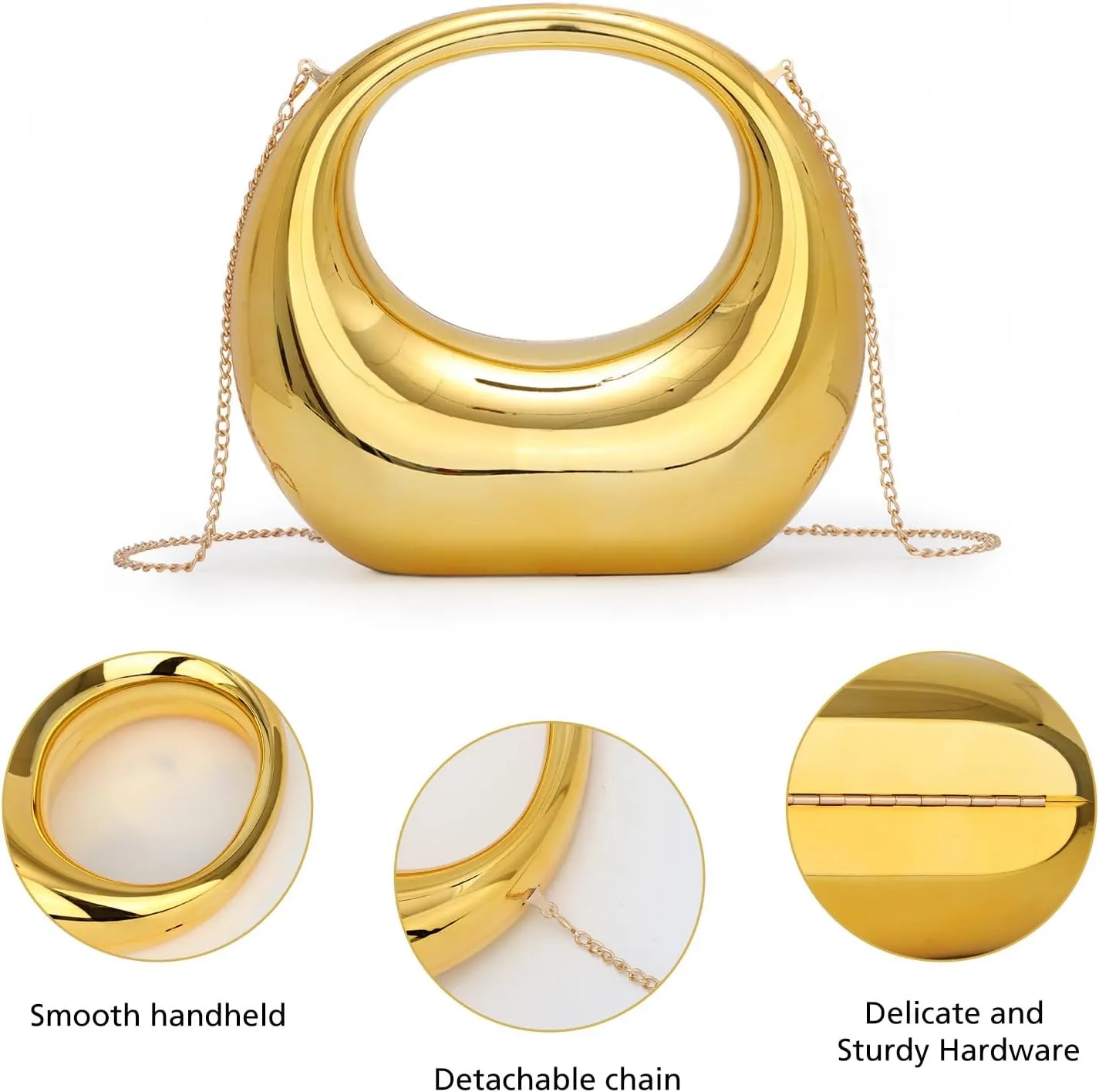 GOKTOW Metallic Moon Shaped Acrylic Hand Purse,Chrome Acrylic Clutch,Unique Evening Bag for Women