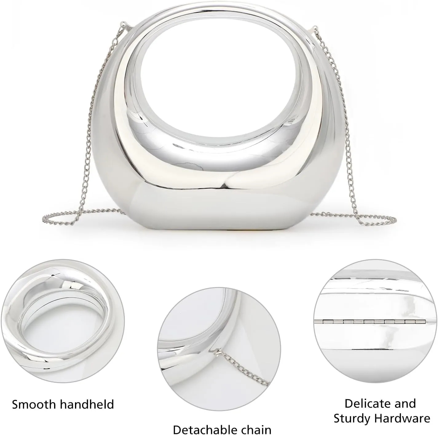 GOKTOW Metallic Moon Shaped Acrylic Hand Purse,Chrome Acrylic Clutch,Unique Evening Bag for Women