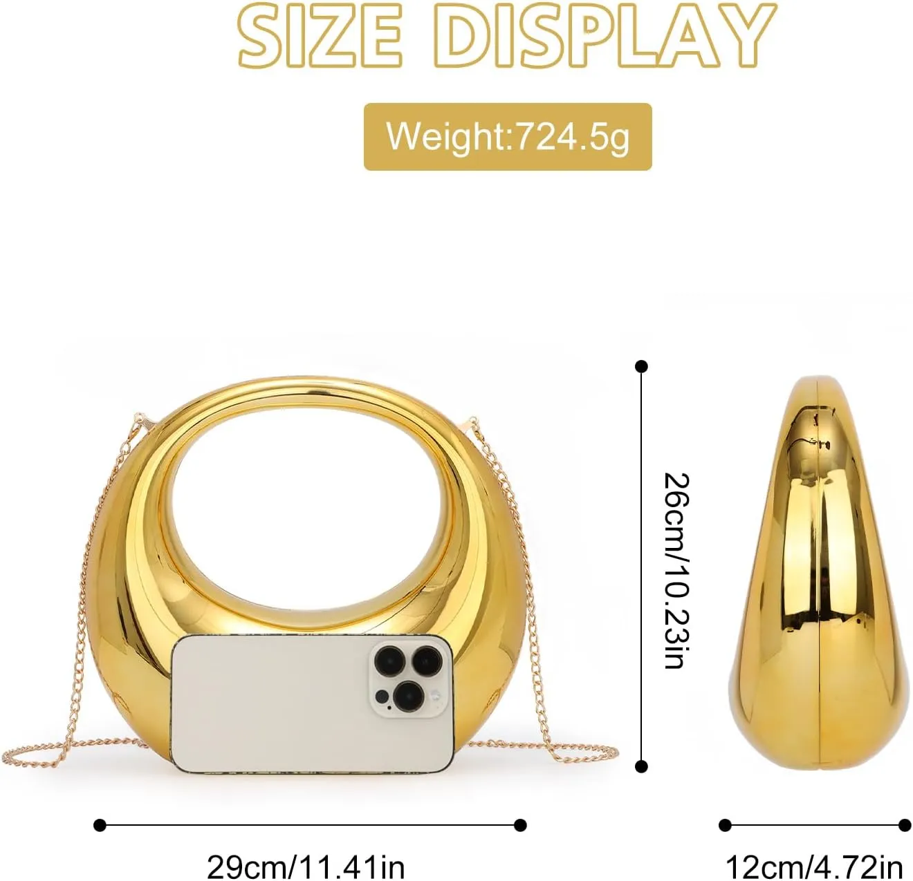 GOKTOW Metallic Moon Shaped Acrylic Hand Purse,Chrome Acrylic Clutch,Unique Evening Bag for Women