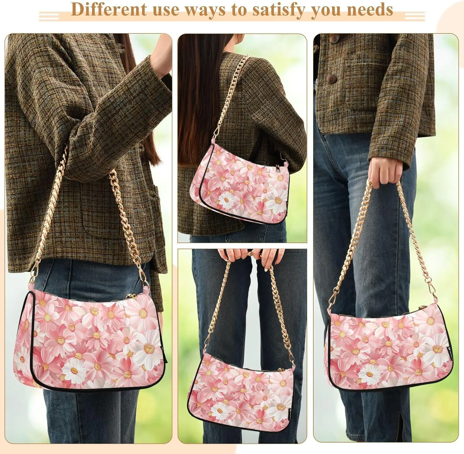 Gold Chain Strap Bag Shoulder Bag Purse for Women Tote Small Mini Handbag with Zipper Closure