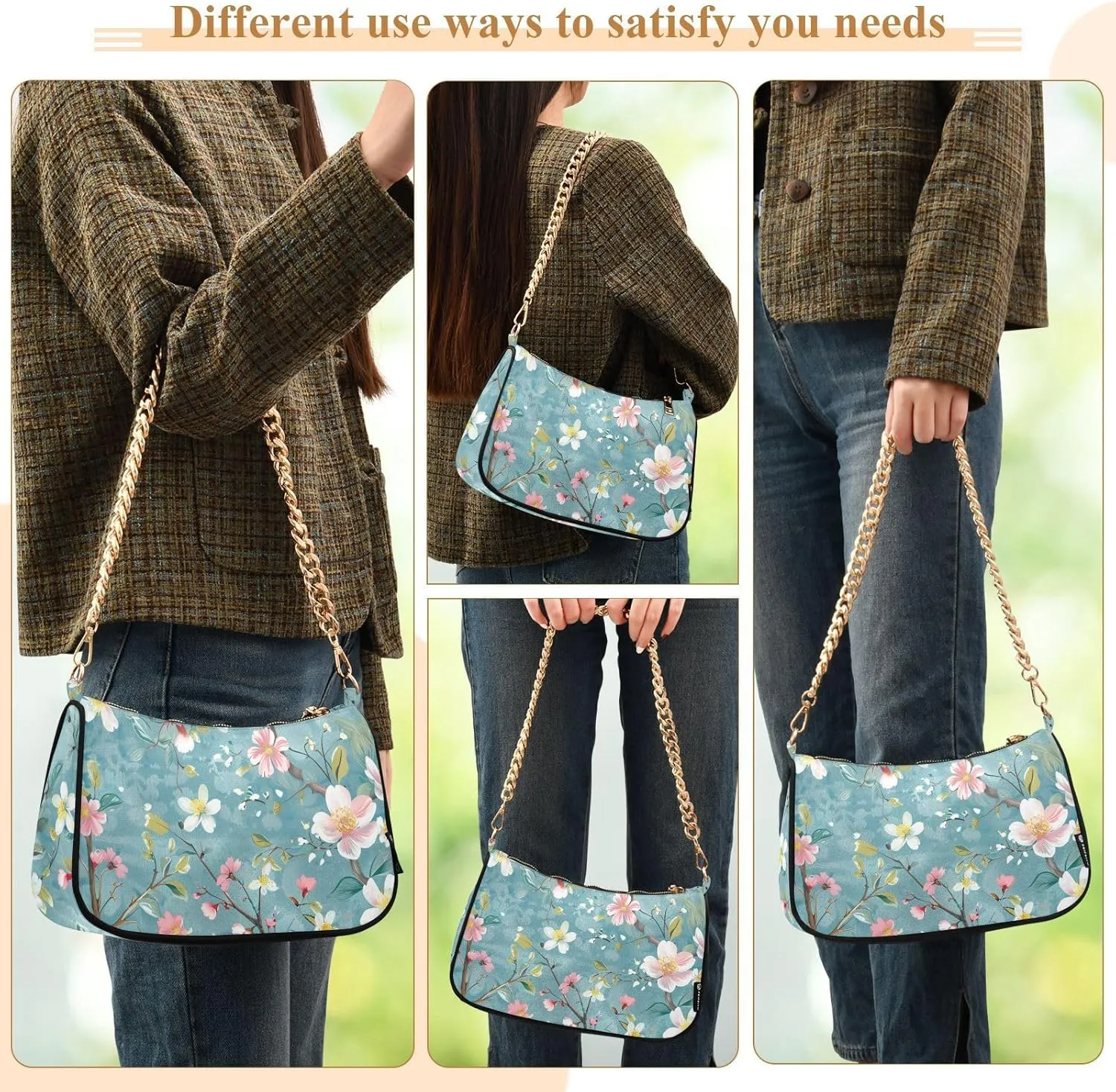 Gold Chain Strap Bag Shoulder Bag Purse for Women Tote Small Mini Handbag with Zipper Closure