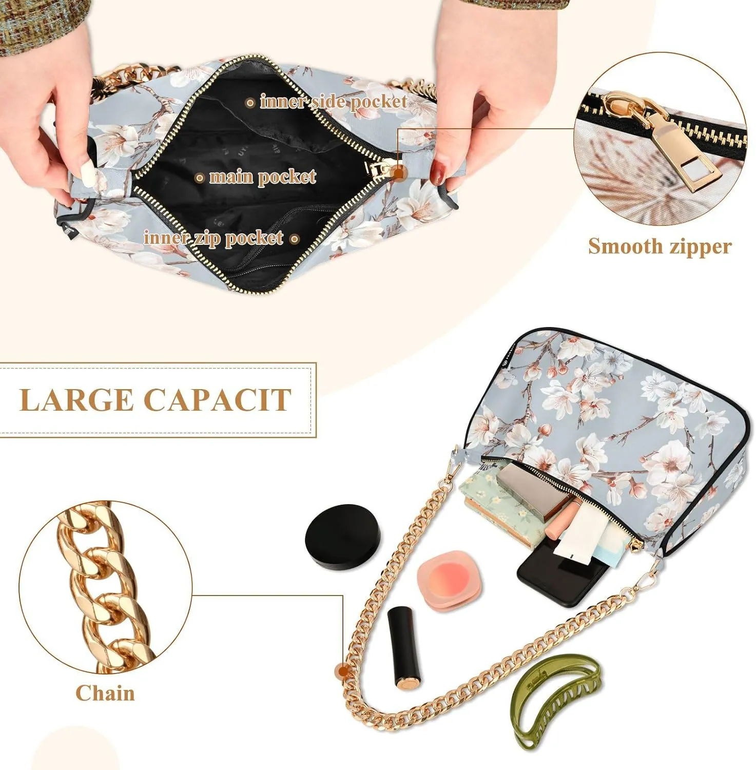 Gold Chain Strap Bag Shoulder Bag Purse for Women Tote Small Mini Handbag with Zipper Closure