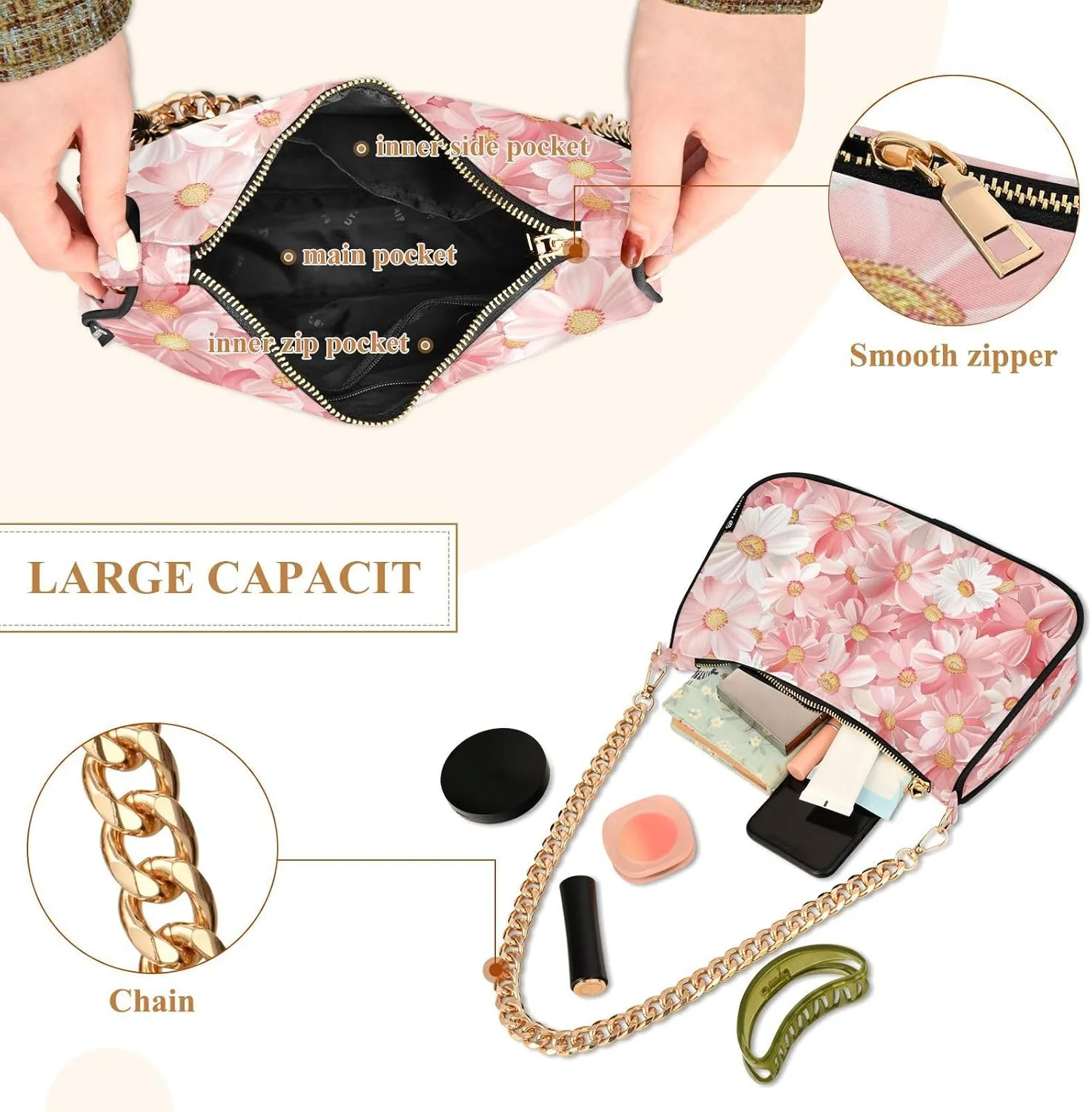 Gold Chain Strap Bag Shoulder Bag Purse for Women Tote Small Mini Handbag with Zipper Closure
