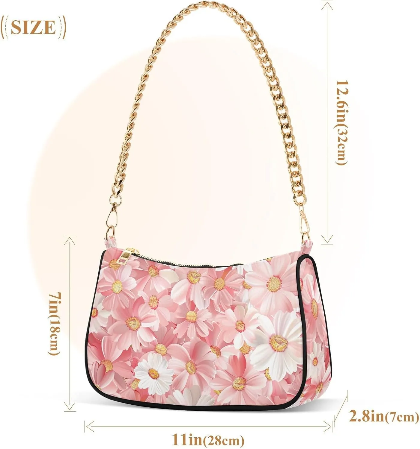 Gold Chain Strap Bag Shoulder Bag Purse for Women Tote Small Mini Handbag with Zipper Closure