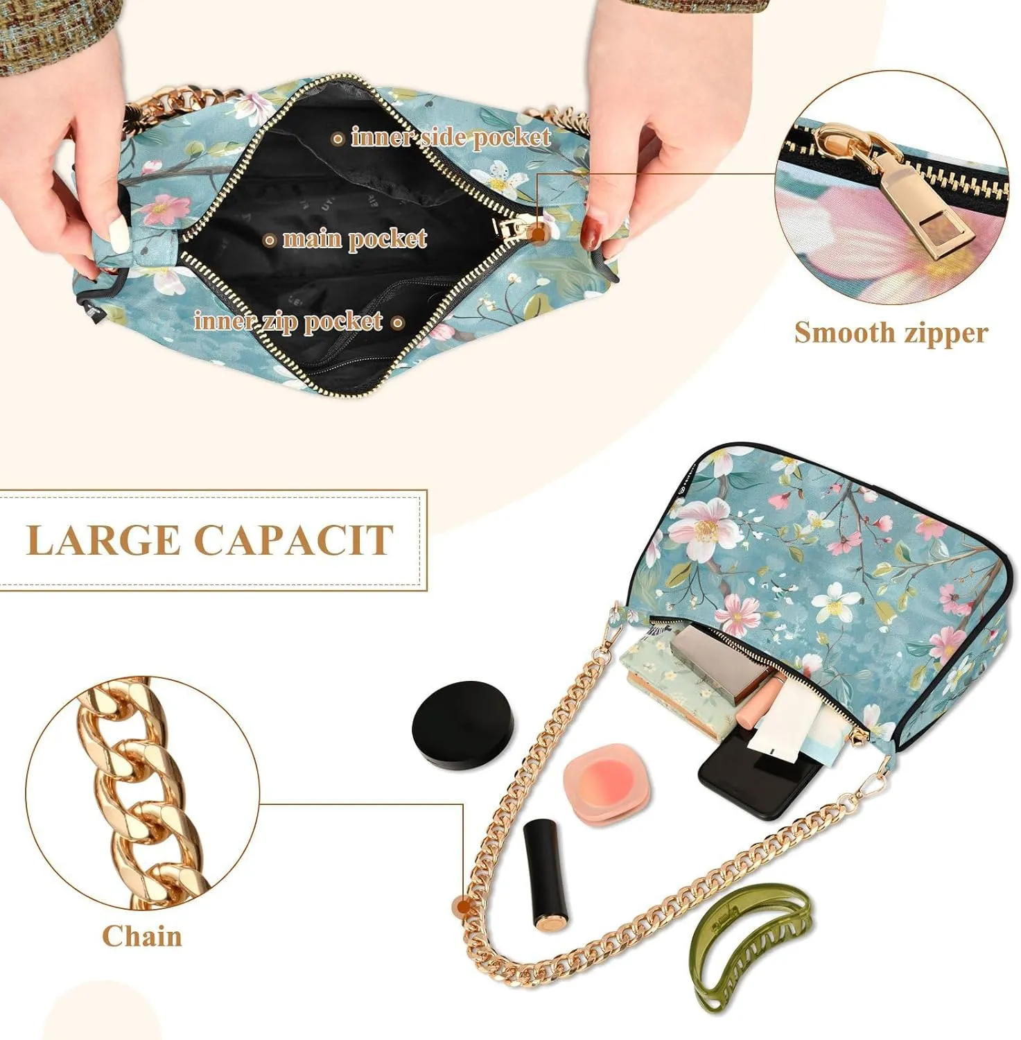 Gold Chain Strap Bag Shoulder Bag Purse for Women Tote Small Mini Handbag with Zipper Closure