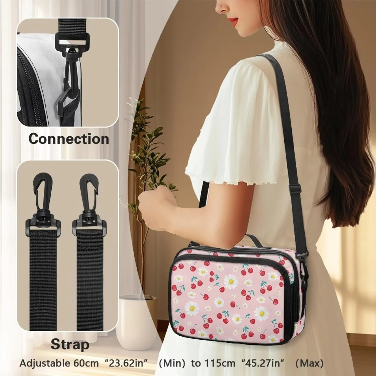 Gomyblomy Cherry Daisy Stroller Organizer Cute Baby Stroller Storage Bag with Cup Holder Detachable Shoulder Strap Kawaii Diaper Bag Totes for Newborn Babies Stroller Accessories