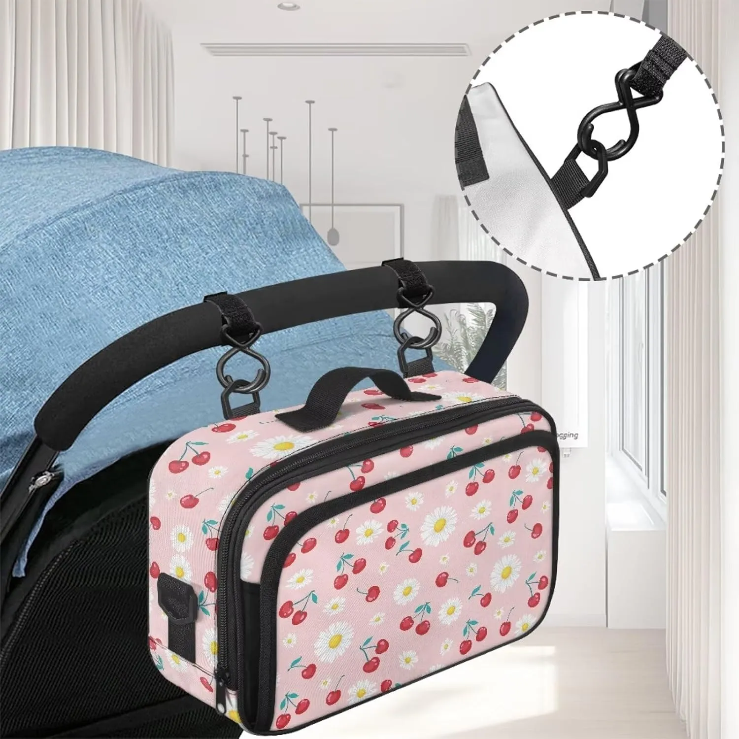 Gomyblomy Cherry Daisy Stroller Organizer Cute Baby Stroller Storage Bag with Cup Holder Detachable Shoulder Strap Kawaii Diaper Bag Totes for Newborn Babies Stroller Accessories