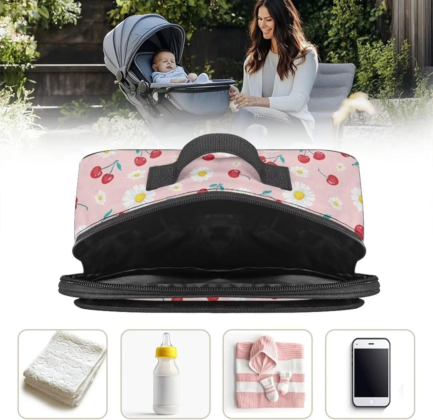 Gomyblomy Cherry Daisy Stroller Organizer Cute Baby Stroller Storage Bag with Cup Holder Detachable Shoulder Strap Kawaii Diaper Bag Totes for Newborn Babies Stroller Accessories