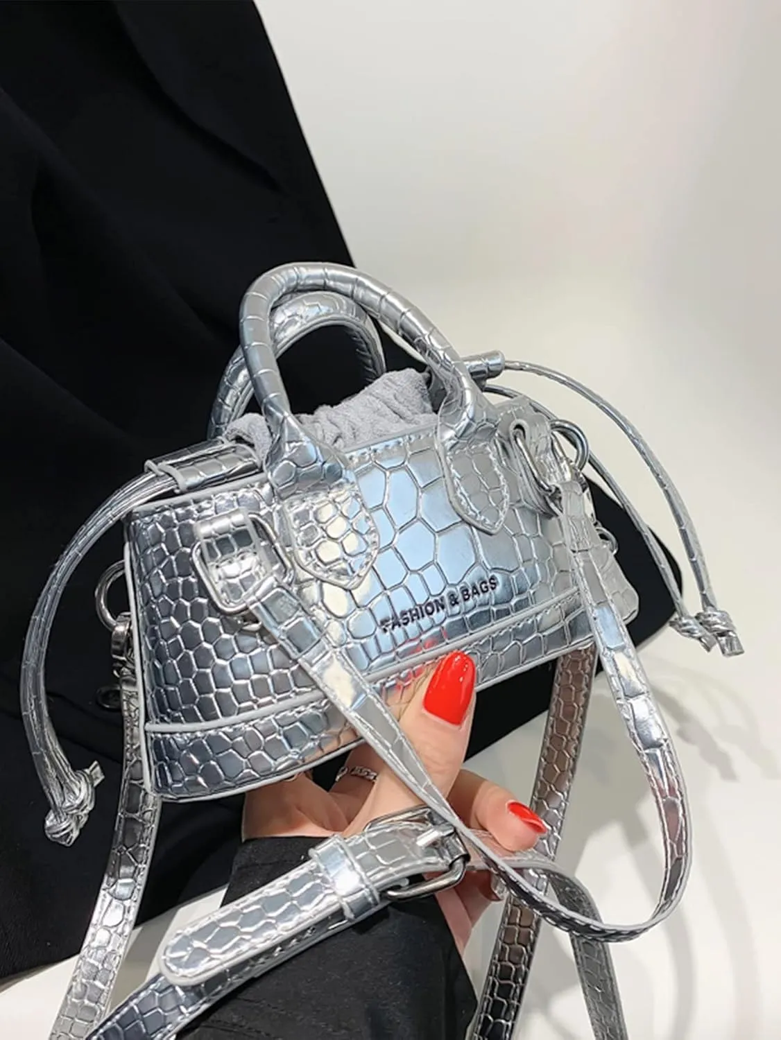 GORGLITTER Women's Small Crossbody Bag Metallic Crocodile Print Double Handle Satchel Bag Purse