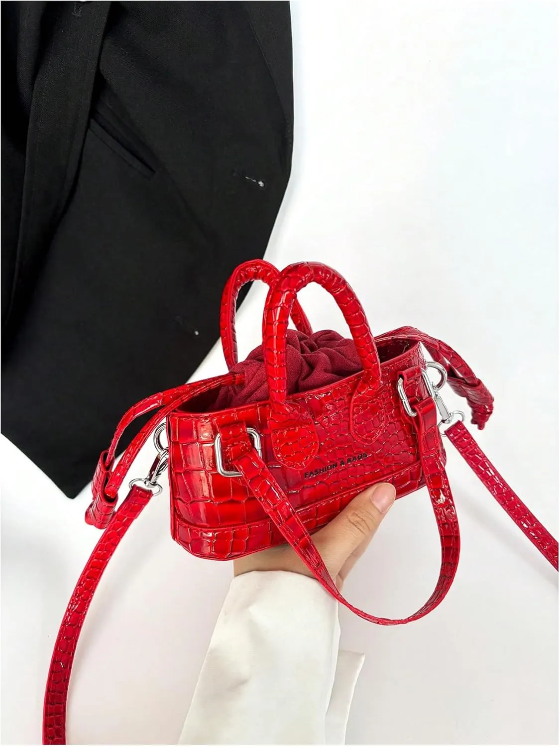 GORGLITTER Women's Small Crossbody Bag Metallic Crocodile Print Double Handle Satchel Bag Purse