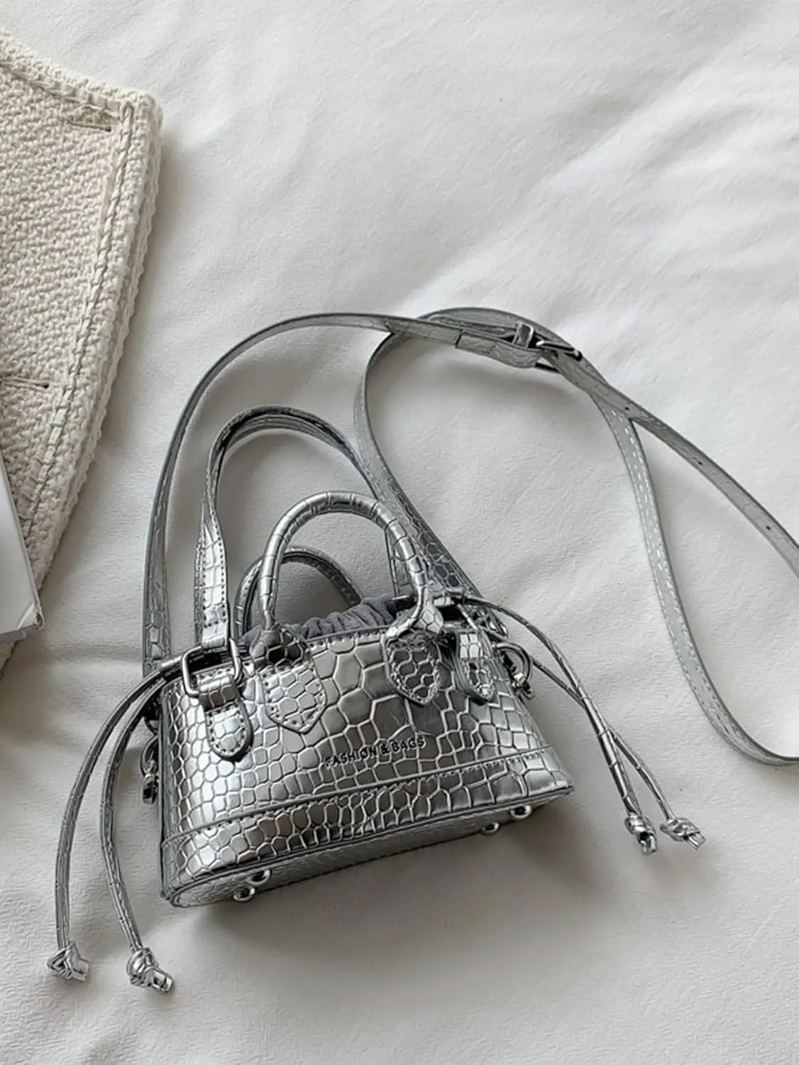 GORGLITTER Women's Small Crossbody Bag Metallic Crocodile Print Double Handle Satchel Bag Purse