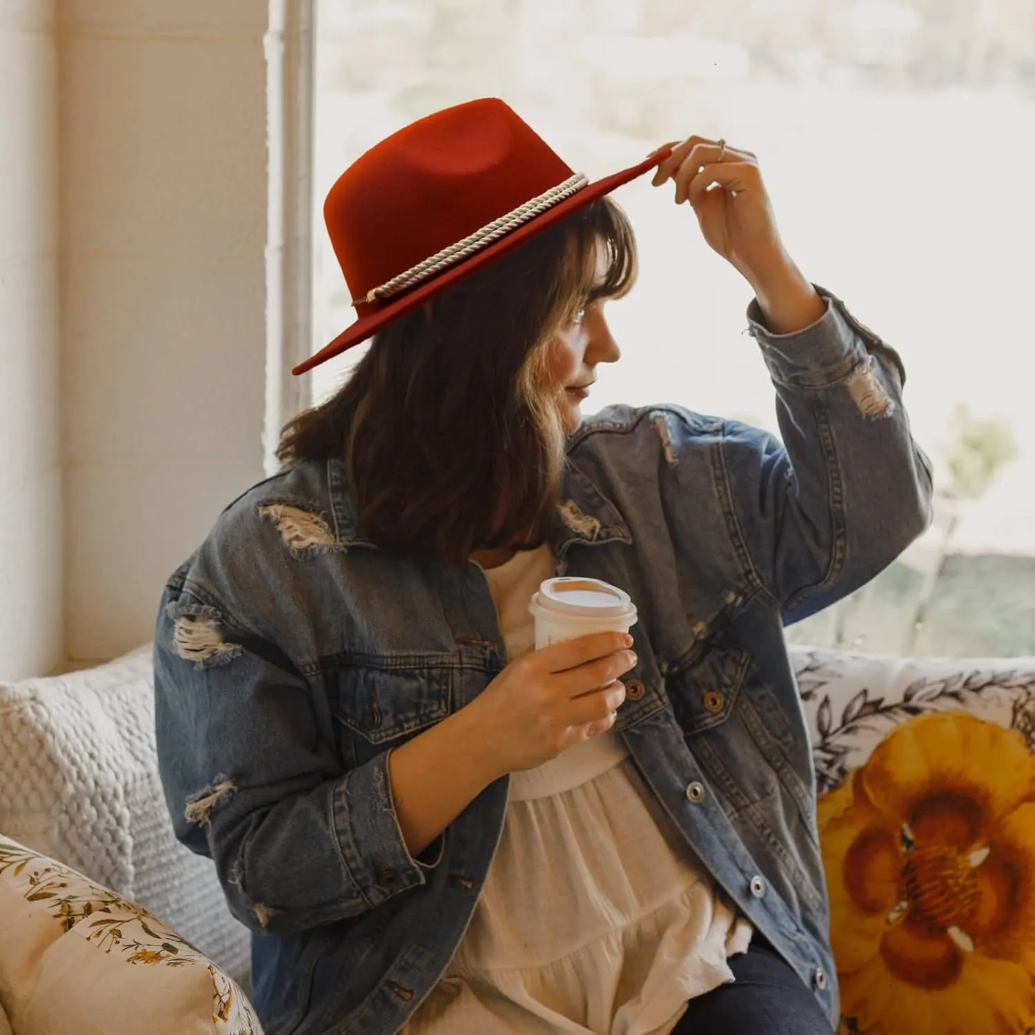 Gossifan Lady Fashion Wide Brim Felt Fedora Panama Hat with Ring Belt