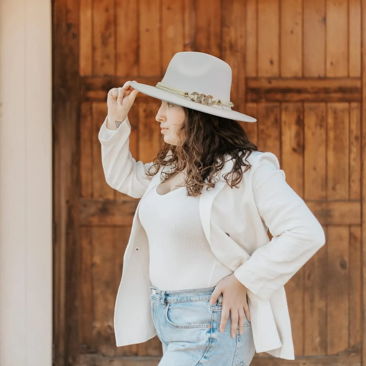 Gossifan Lady Fashion Wide Brim Felt Fedora Panama Hat with Ring Belt