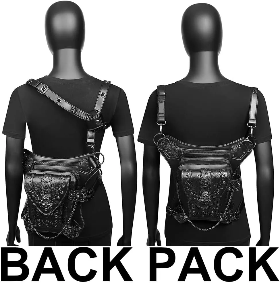 Gothic Waist Bag Fanny Pack Leather Steampunk Bag Purse Chain Leg Bag Crossbody Shoulder Messenger Hip Pouch (Black-104)
