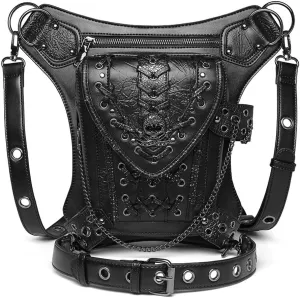 Gothic Waist Bag Fanny Pack Leather Steampunk Bag Purse Chain Leg Bag Crossbody Shoulder Messenger Hip Pouch (Black-104)