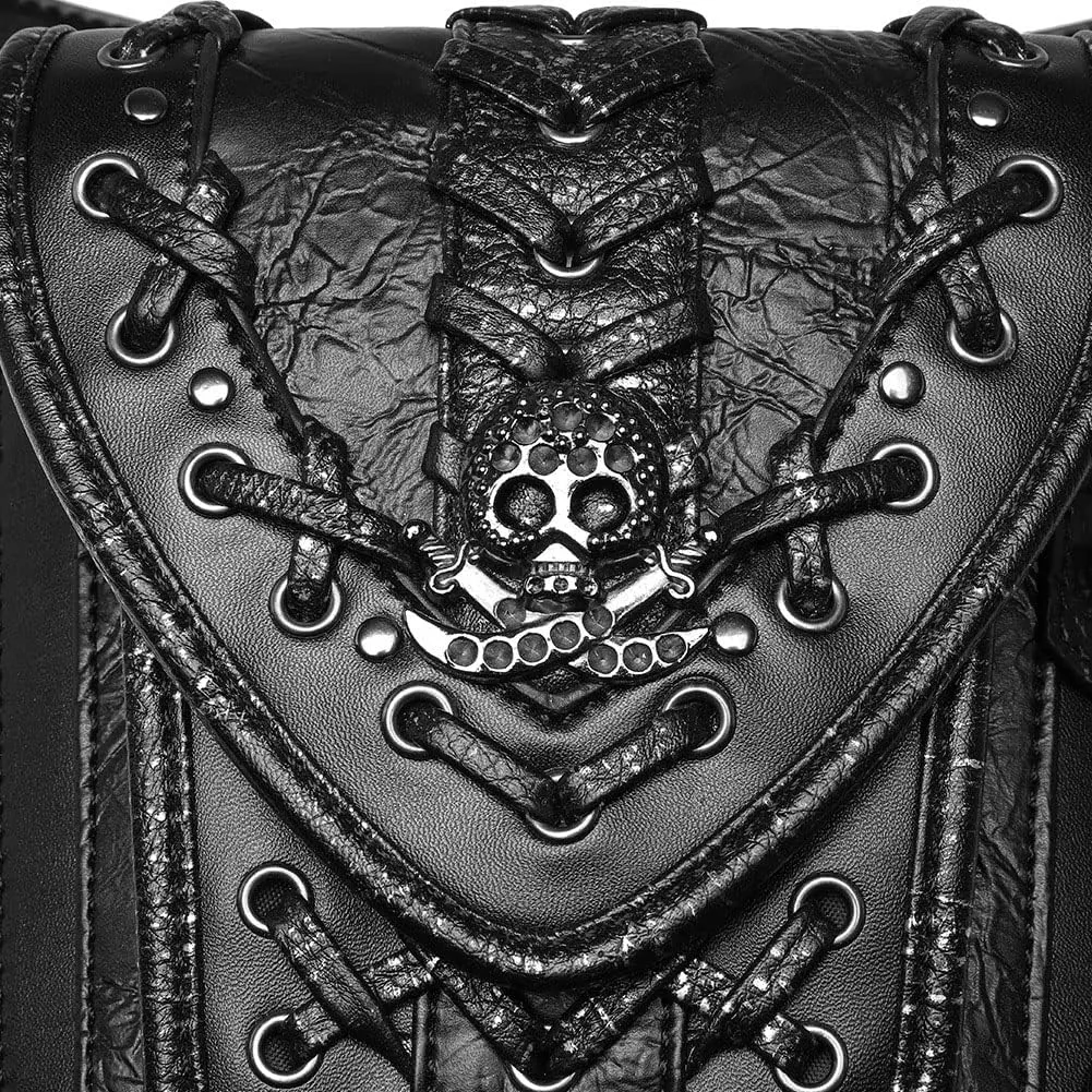 Gothic Waist Bag Fanny Pack Leather Steampunk Bag Purse Chain Leg Bag Crossbody Shoulder Messenger Hip Pouch (Black-104)