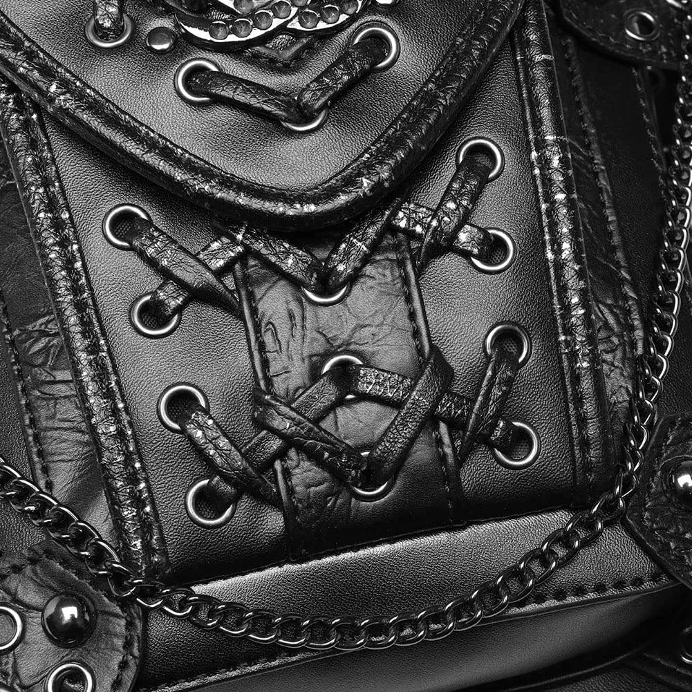 Gothic Waist Bag Fanny Pack Leather Steampunk Bag Purse Chain Leg Bag Crossbody Shoulder Messenger Hip Pouch (Black-104)