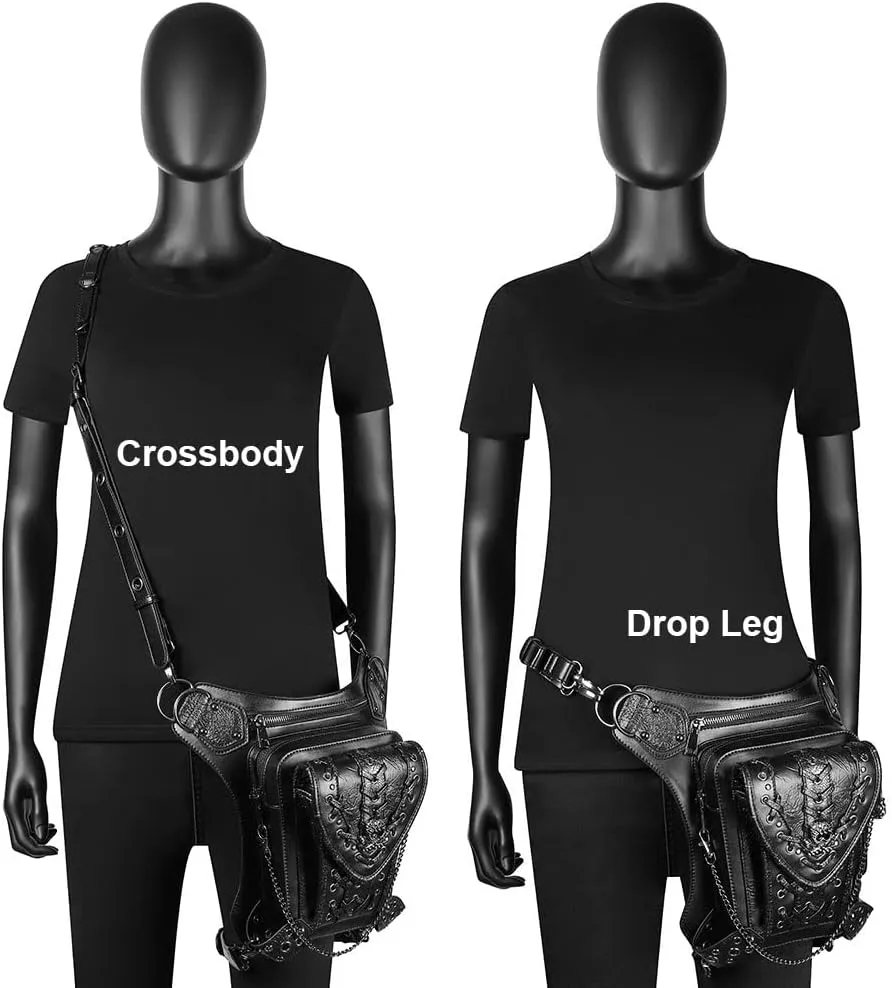 Gothic Waist Bag Fanny Pack Leather Steampunk Bag Purse Chain Leg Bag Crossbody Shoulder Messenger Hip Pouch (Black-104)