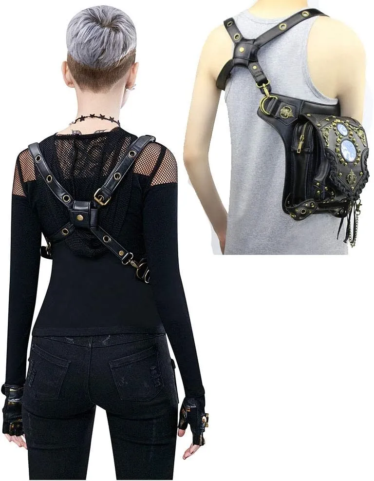 Gothic Waist Bag Fanny Pack Leather Steampunk Bag Side Bag Travel Purse Side Wallet Punk Rock Chain Leg Bag Crossbody Shoulder Messenger Bags Handbag Hip Holster Pouch for Women Girls (Black)