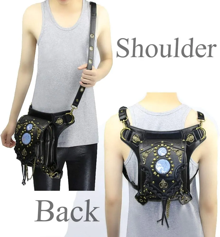 Gothic Waist Bag Fanny Pack Leather Steampunk Bag Side Bag Travel Purse Side Wallet Punk Rock Chain Leg Bag Crossbody Shoulder Messenger Bags Handbag Hip Holster Pouch for Women Girls (Black)