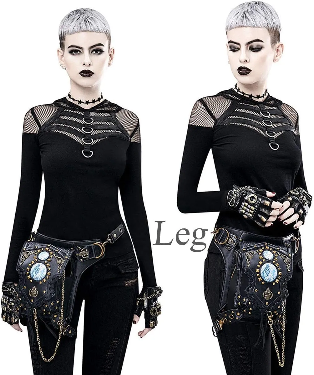 Gothic Waist Bag Fanny Pack Leather Steampunk Bag Side Bag Travel Purse Side Wallet Punk Rock Chain Leg Bag Crossbody Shoulder Messenger Bags Handbag Hip Holster Pouch for Women Girls (Black)