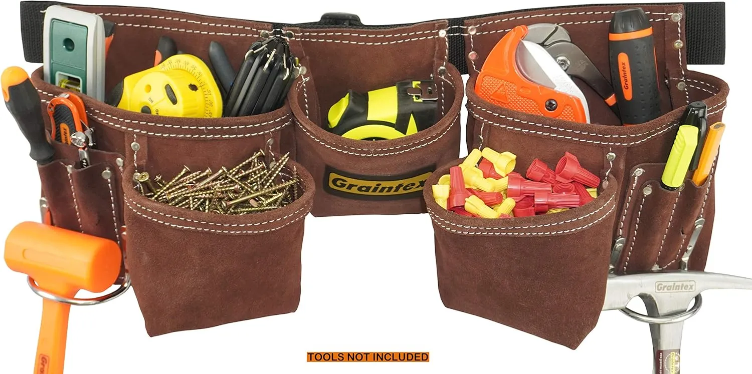 Graintex DS2966 11 Pocket Professional Suede Leather Tool Belt/Tool Bag Coffee Brown Color, 2” Webbing Belt, 2 Hammer Holders, Construction Tools, Carpenter Tools, Roofing Tools, Drywall Tools
