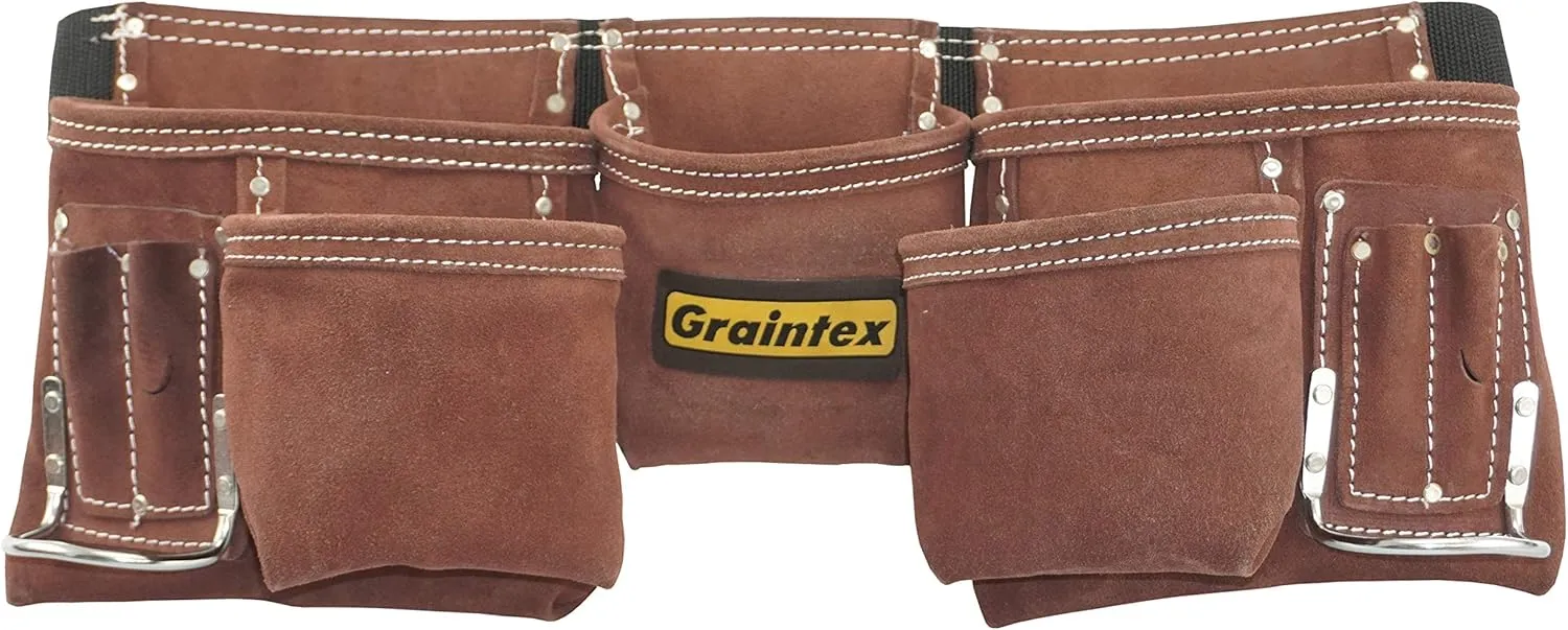 Graintex DS2966 11 Pocket Professional Suede Leather Tool Belt/Tool Bag Coffee Brown Color, 2” Webbing Belt, 2 Hammer Holders, Construction Tools, Carpenter Tools, Roofing Tools, Drywall Tools