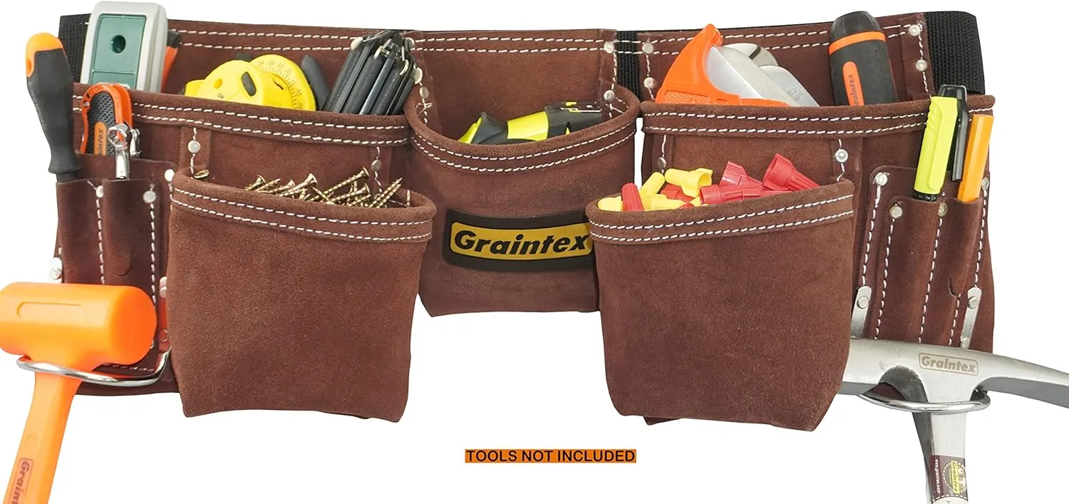 Graintex DS2966 11 Pocket Professional Suede Leather Tool Belt/Tool Bag Coffee Brown Color, 2” Webbing Belt, 2 Hammer Holders, Construction Tools, Carpenter Tools, Roofing Tools, Drywall Tools