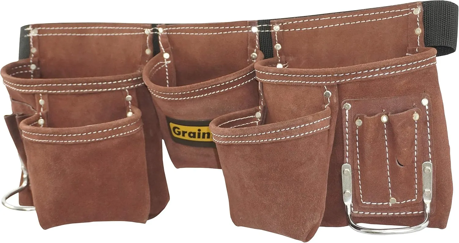 Graintex DS2966 11 Pocket Professional Suede Leather Tool Belt/Tool Bag Coffee Brown Color, 2” Webbing Belt, 2 Hammer Holders, Construction Tools, Carpenter Tools, Roofing Tools, Drywall Tools