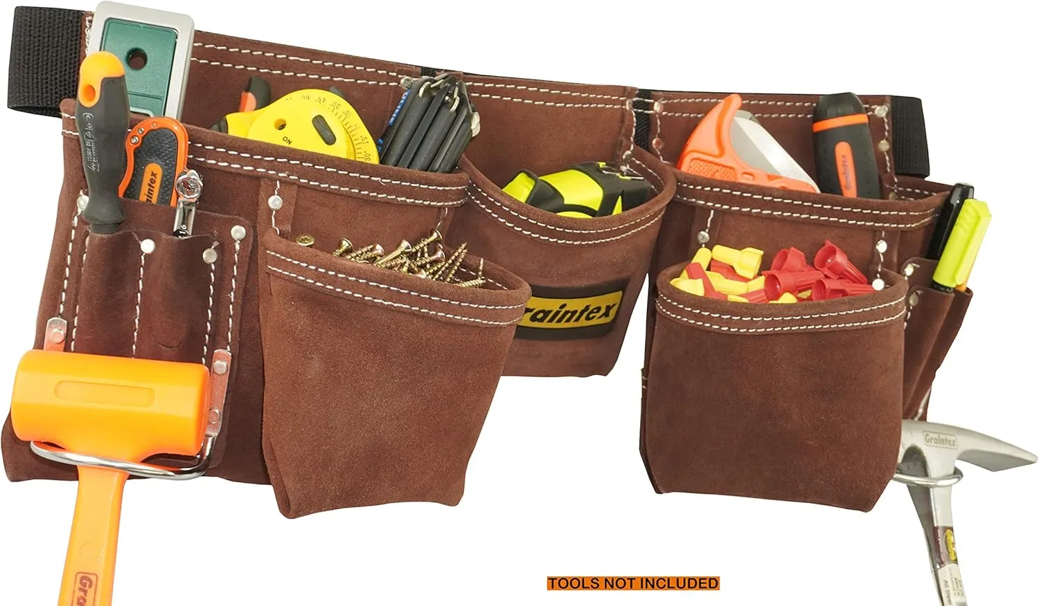 Graintex DS2966 11 Pocket Professional Suede Leather Tool Belt/Tool Bag Coffee Brown Color, 2” Webbing Belt, 2 Hammer Holders, Construction Tools, Carpenter Tools, Roofing Tools, Drywall Tools