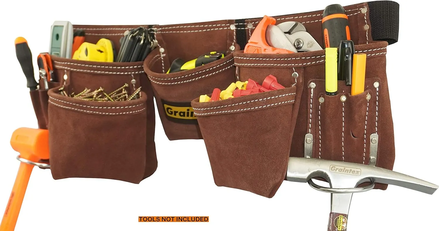 Graintex DS2966 11 Pocket Professional Suede Leather Tool Belt/Tool Bag Coffee Brown Color, 2” Webbing Belt, 2 Hammer Holders, Construction Tools, Carpenter Tools, Roofing Tools, Drywall Tools