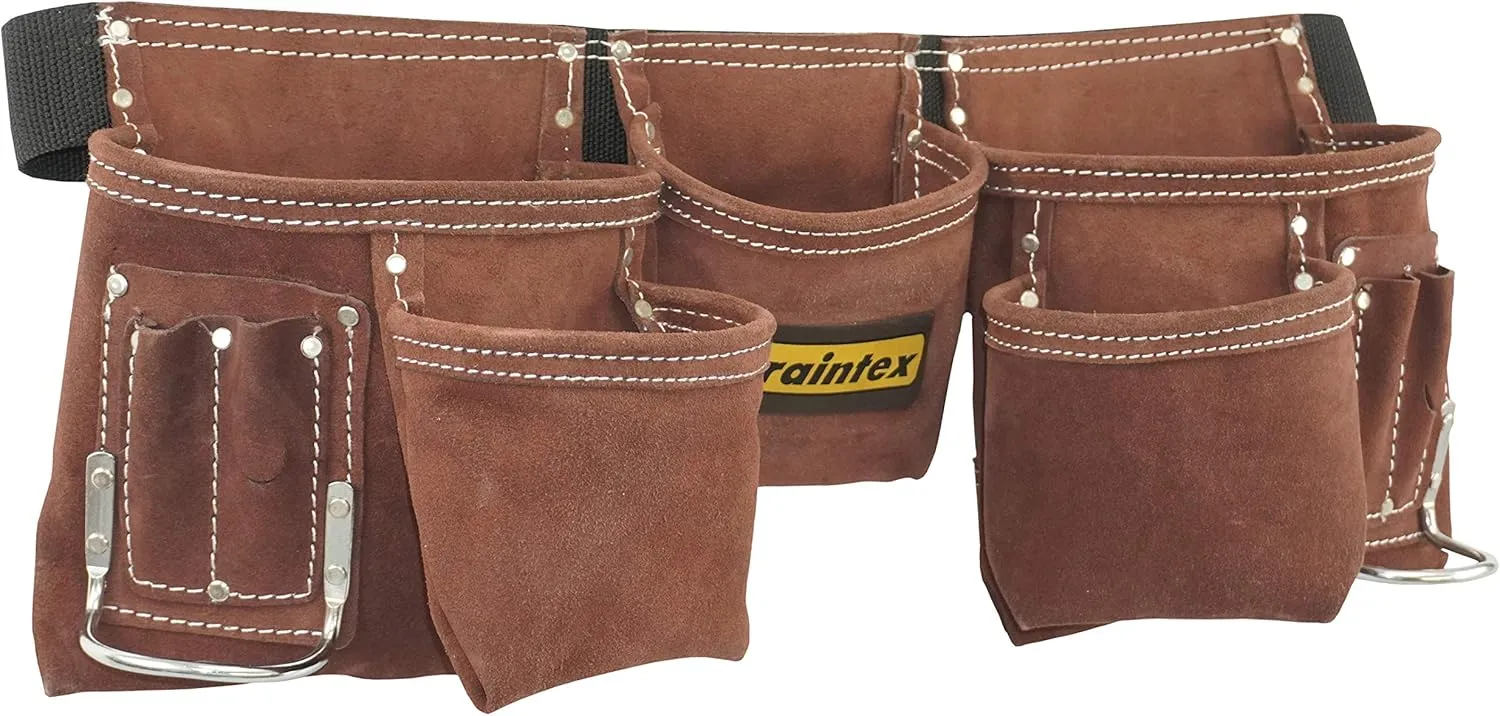 Graintex DS2966 11 Pocket Professional Suede Leather Tool Belt/Tool Bag Coffee Brown Color, 2” Webbing Belt, 2 Hammer Holders, Construction Tools, Carpenter Tools, Roofing Tools, Drywall Tools