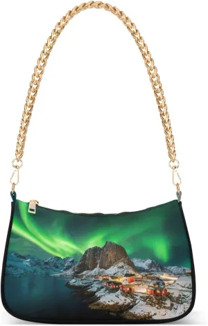 Green Northern Lights Shoulder Bag for Womens Women Hobo Tote Handbag Gold Chain Crossbody Bag with Zipper Clutch Purse Handbags